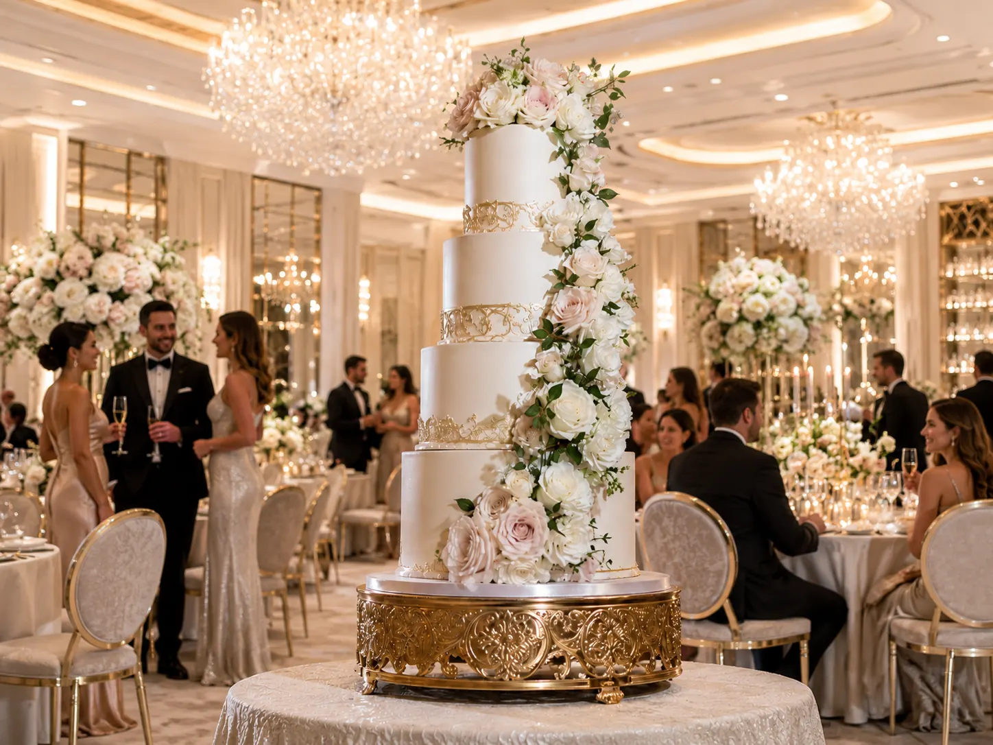 Torta nuziale a 5 piani con rose bianche e rosa in un ricevimento di matrimonio